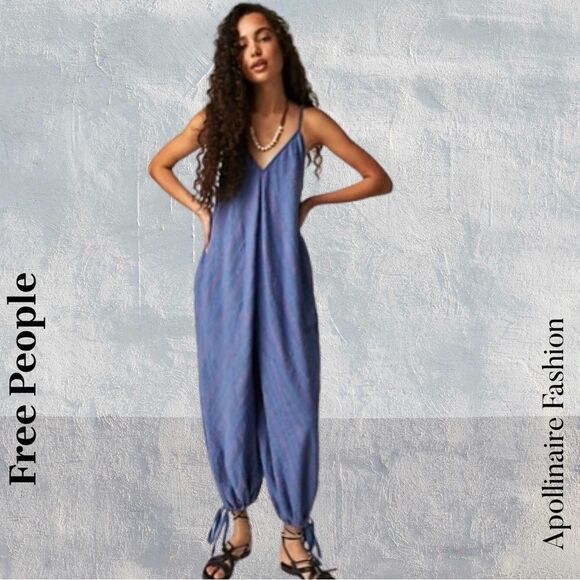 FREE PEOPLE ISLA JUMPSUIT IN BLUE AND PINK COMBO LARGE NEW - Picture 2 of 7